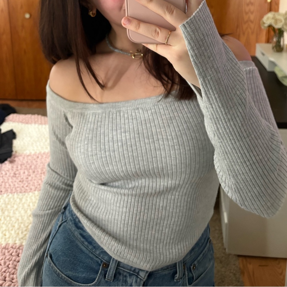 Garage Light Gray Off-Shoulder Sweater